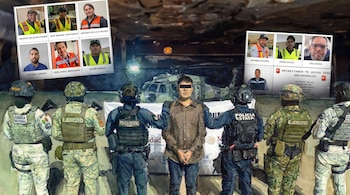Composición en acuarela mostrando a un hombre esposado con los ojos censurados entre policías y militares. Arriba, fotos de diez mineros. Fondo oscuro con helicóptero.