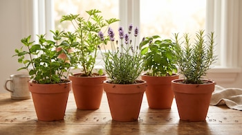 Cinco plantas aromáticas en macetas de terracota —menta, citronela, lavanda, albahaca y romero— sobre una mesa de madera con hormigas alejándose.