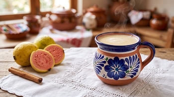 Taza de barro con bebida humeante, guayabas enteras y cortadas, una rama de canela y un mantel bordado en una mesa de madera.