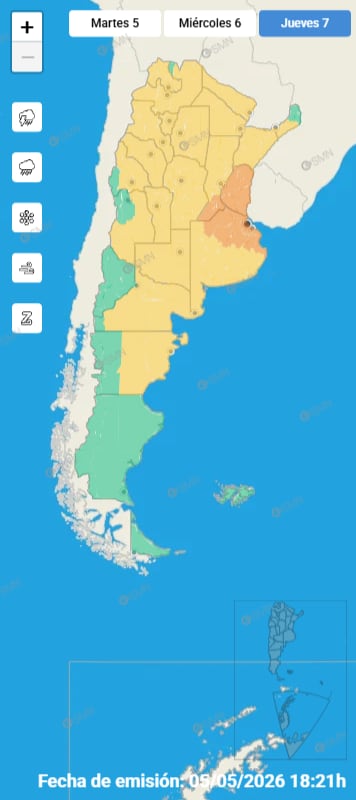 El jueves gran parte del país estará bajo alertas por viento o lluvia