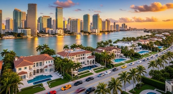 Imagen aérea de Miami con rascacielos altos al fondo, un río, mansiones de lujo con piscinas en primer plano, y una calle con varios autos y palmeras.