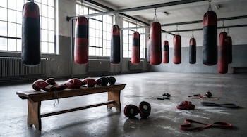 Sacos de boxeo rojos y negros, guantes, manoplas, cuerdas y bandas de resistencia sobre el suelo de cemento de un gimnasio con ventanas.