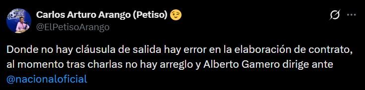 Alberto Gamero dirigiría al Cali contra Nacional, mientras se resuelve la indemnización de su contrato - crédito @ElPetisoArango/X