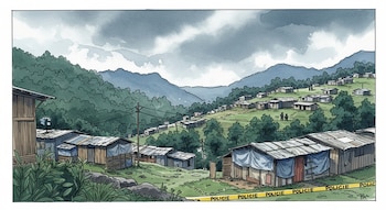 Ilustración en acuarela de un asentamiento rural en Colombia con casas improvisadas en laderas verdes. Cinta policial en primer plano y figuras de policías a lo lejos, bajo un cielo nublado.