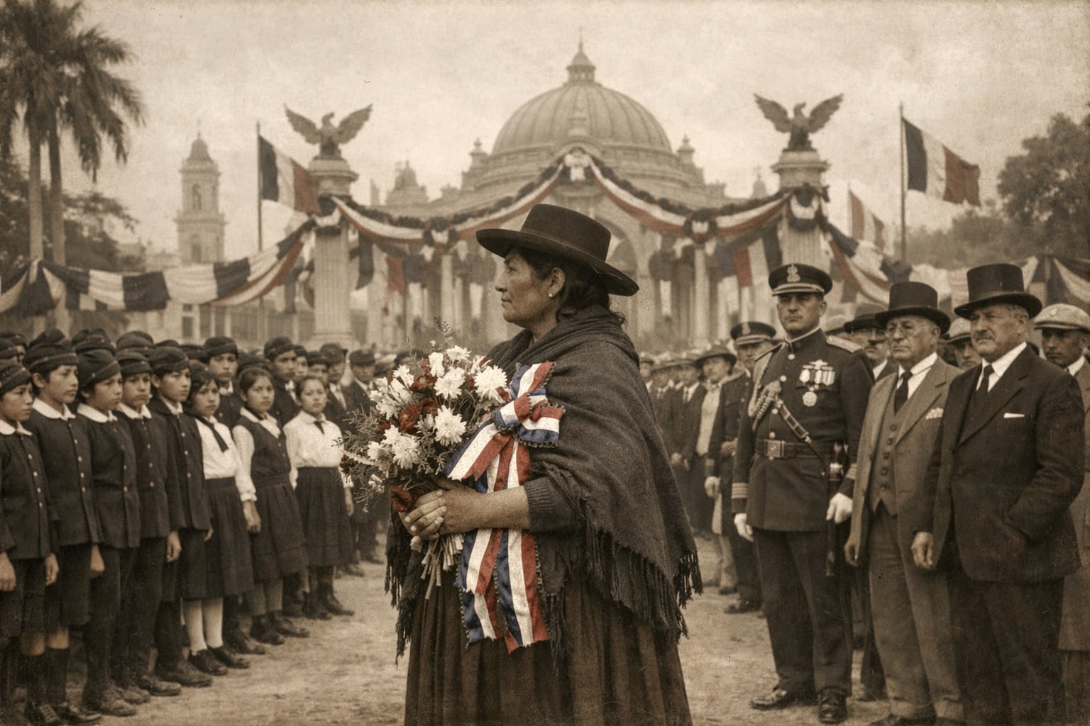 Una mujer con vestimenta tradicional andina, portando un ramo de flores con cintas patrias, es homenajeada en un acto cívico en el Parque de la Exposición de Lima en 1924, flanqueada por escolares y autoridades en trajes de época. (Imagen Ilustrativa Infobae)