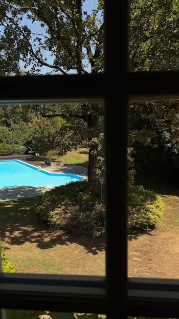 Marco de ventana oscuro con vista a piscina de agua celeste, jardín con césped y arbustos verdes, grandes árboles y un flotador inflable amarillo y rojo