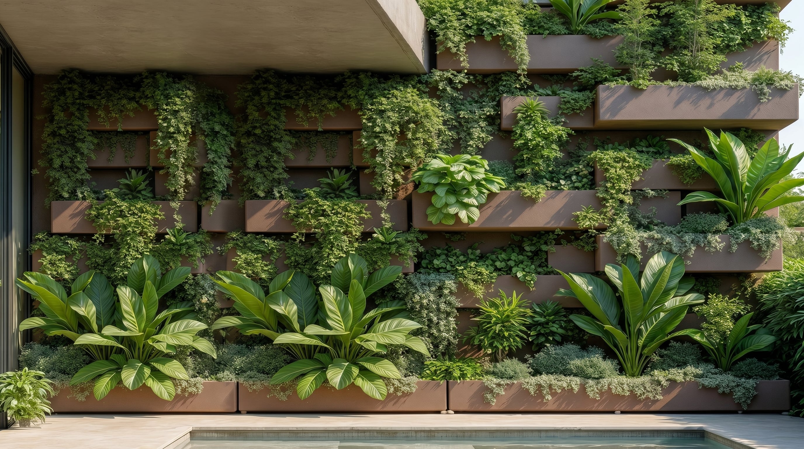 Un espectacular jardín vertical, compuesto por diversas plantas verdes en maceteros marrones, adorna la fachada de un edificio moderno, creando un oasis natural junto a una piscina. (Imagen Ilustrativa Infobae)