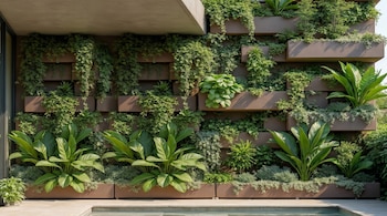 Vista de un gran jardín vertical que cubre una fachada con múltiples plantas verdes y frondosas en jardineras rectangulares marrones, con una piscina abajo.