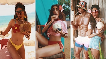 Collage de tres imágenes: mujer en bikini en playa con coco, mujer en top rosa con coco, pareja en shorts con cocos y gafas de sol.