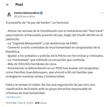 El Centro Democrático enumeró las