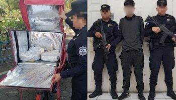 Los agentes incautaron seis paquetes de presunta marihuana, un teléfono celular y la motocicleta que el sospechoso usaba para simular labores de repartidor. (Cortesía: Policía Nacional Civil)