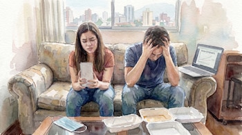 Una pintura de acuarela muestra a una mujer y un hombre jóvenes estresados sentados en un sofá, frente a un teléfono, envases de comida y un portátil con el título 'DEUDA ESTUDIANTIL'.