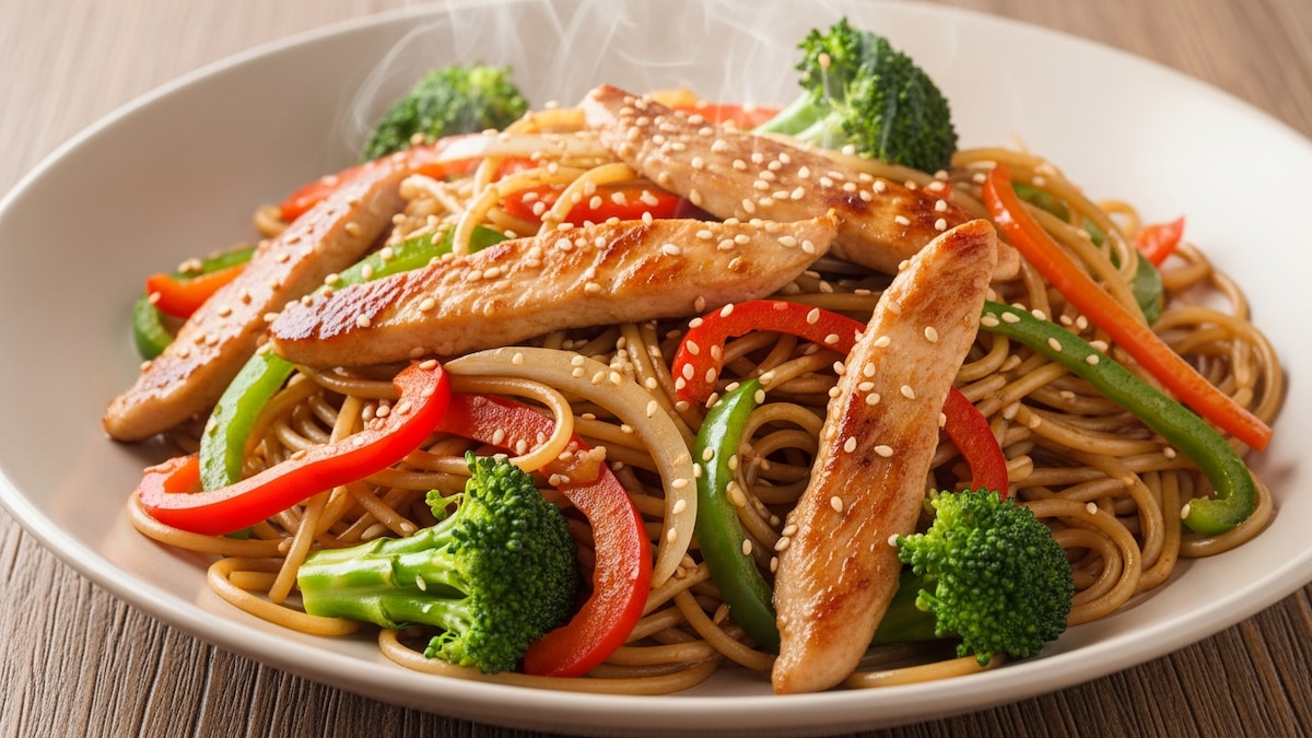 Tallarines salteados con pollo y verduras en plato