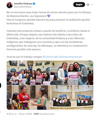 La congresista Jennifer Pedraza festejó la aprobación de la ley para prevenir la mutilación genital femenina en Colombia, la cual estuvo a punto de caerse en el Legislativo - crédito @JenniferPedraz/X
