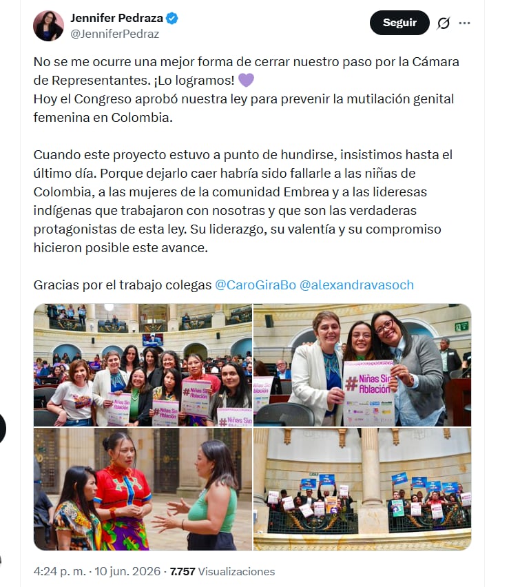 La congresista Jennifer Pedraza festejó la aprobación de la ley para prevenir la mutilación genital femenina en Colombia, la cual estuvo a punto de caerse en el Legislativo - crédito @JenniferPedraz/X