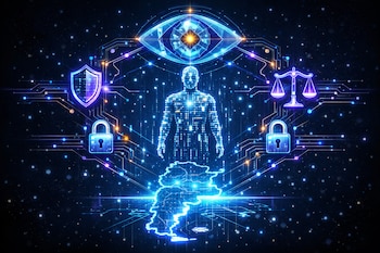 Ilustración digital: avatar de código sobre mapa de Argentina, ojo geométrico, escudos, candados y balanzas de justicia, en tonos azul y violeta neón.