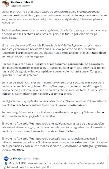 Gustavo Petro afirmó que deja una Colombia con menos pobreza y mayor crecimiento - crédito @petrogustavo/X