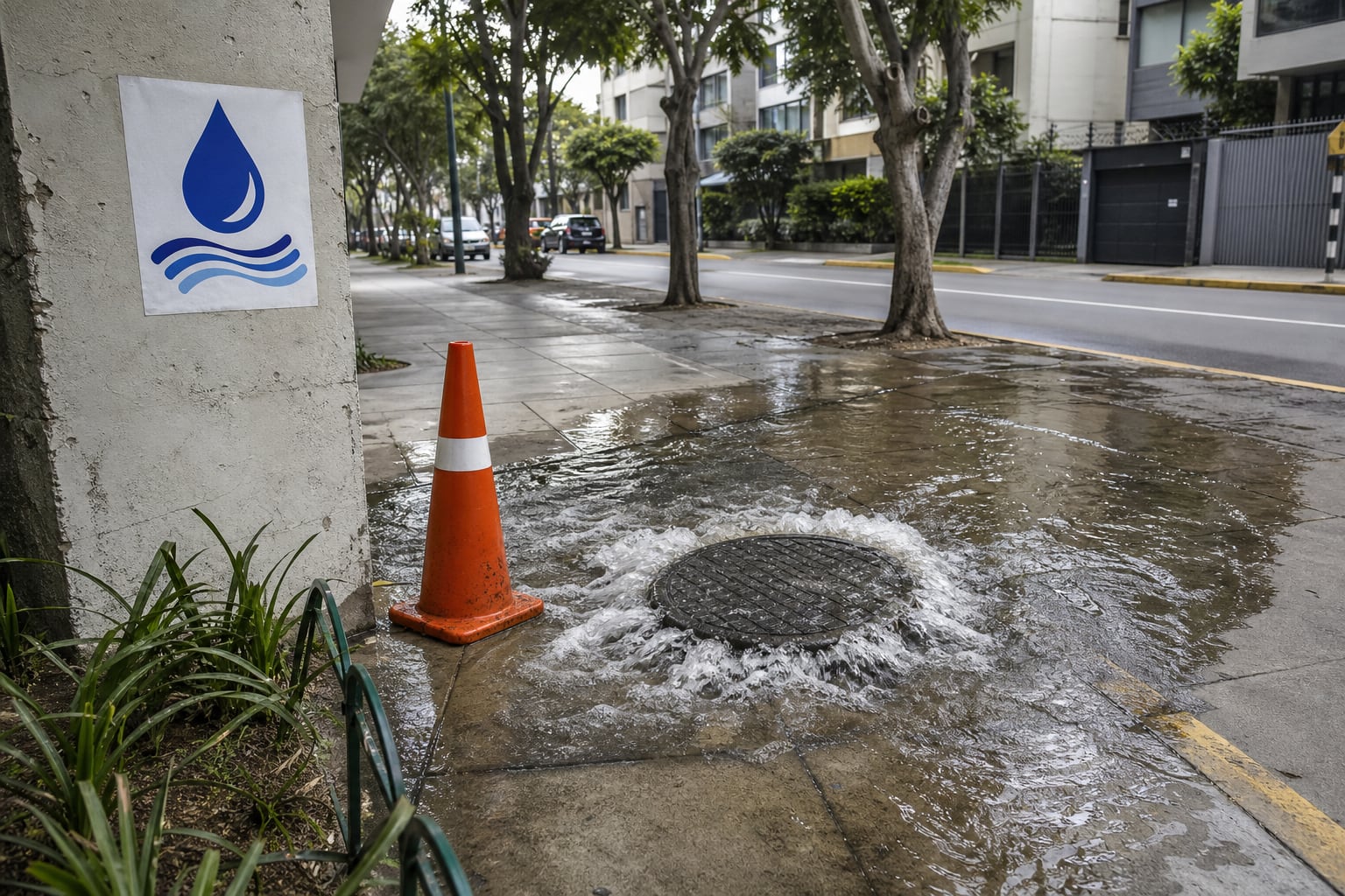 Una fuga de agua emana de una tapa de alcantarilla en una vereda junto a un cono de seguridad y un afiche institucional de Sedapal. (Imagen Ilustrativa Infobae)