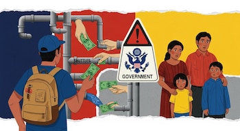 Ilustración de migrante de espaldas con mochila enviando dólares por un laberinto de tuberías y manos. Una señal de advertencia de EE.UU. y una familia mexicana esperan.