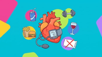 Corazón con tensiómetro marcando 145/90, rodeado de una lata de refresco, papas fritas, hamburguesa, pesa, copa de vino y almohada con una X.