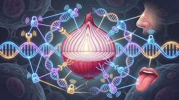 Cebolla cortada al medio, cadenas de ADN, moléculas receptoras luminosas, candados, nariz y boca con lengua. Fondo oscuro con formas celulares.