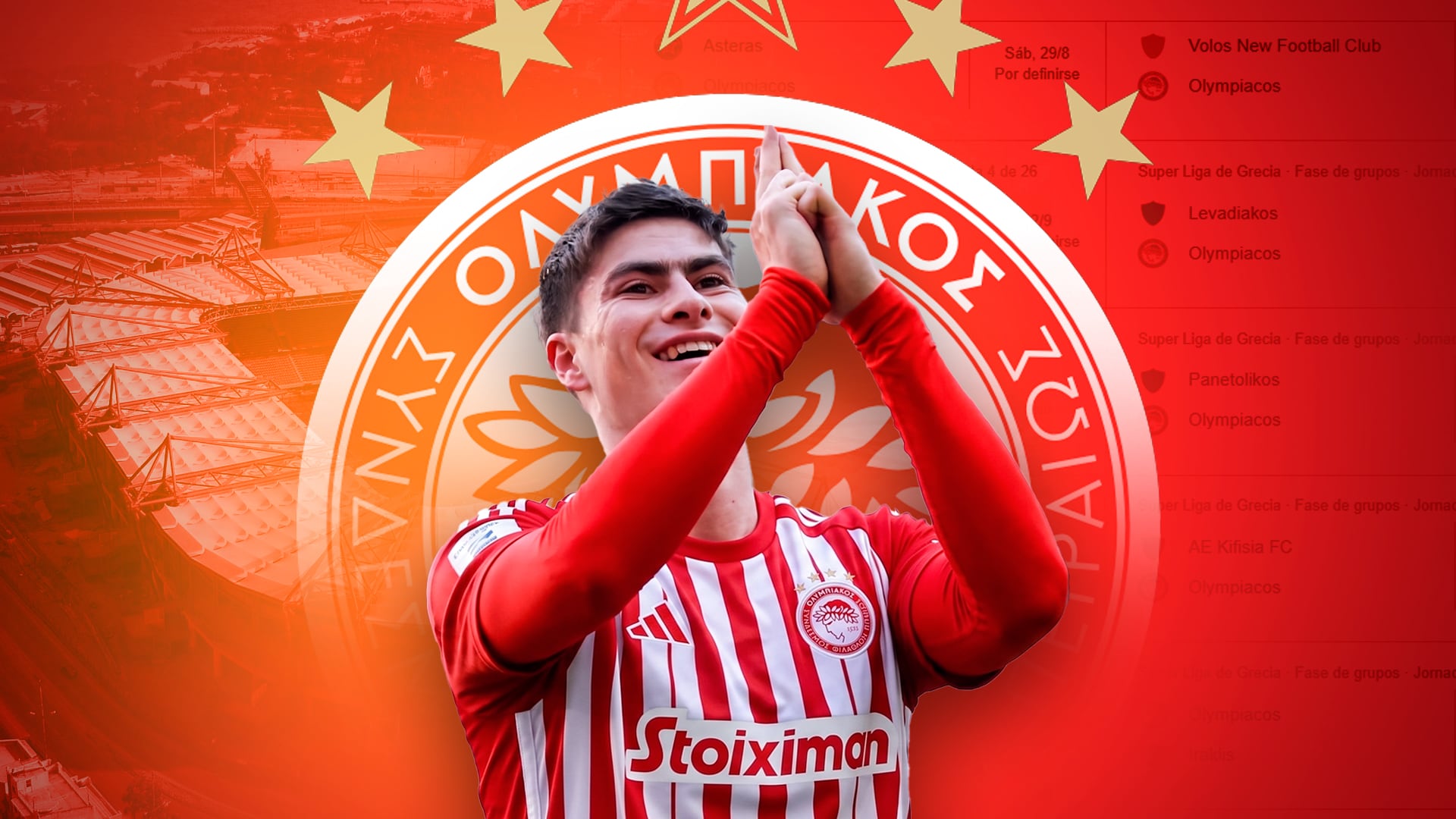 Olympiacos comenzará la temporada ante Atromitos y tendrá duelos de alto voltaje contra Panathinaikos, PAOK y AEK, además de la Europa League. (Ilustración: Jovani Pérez)