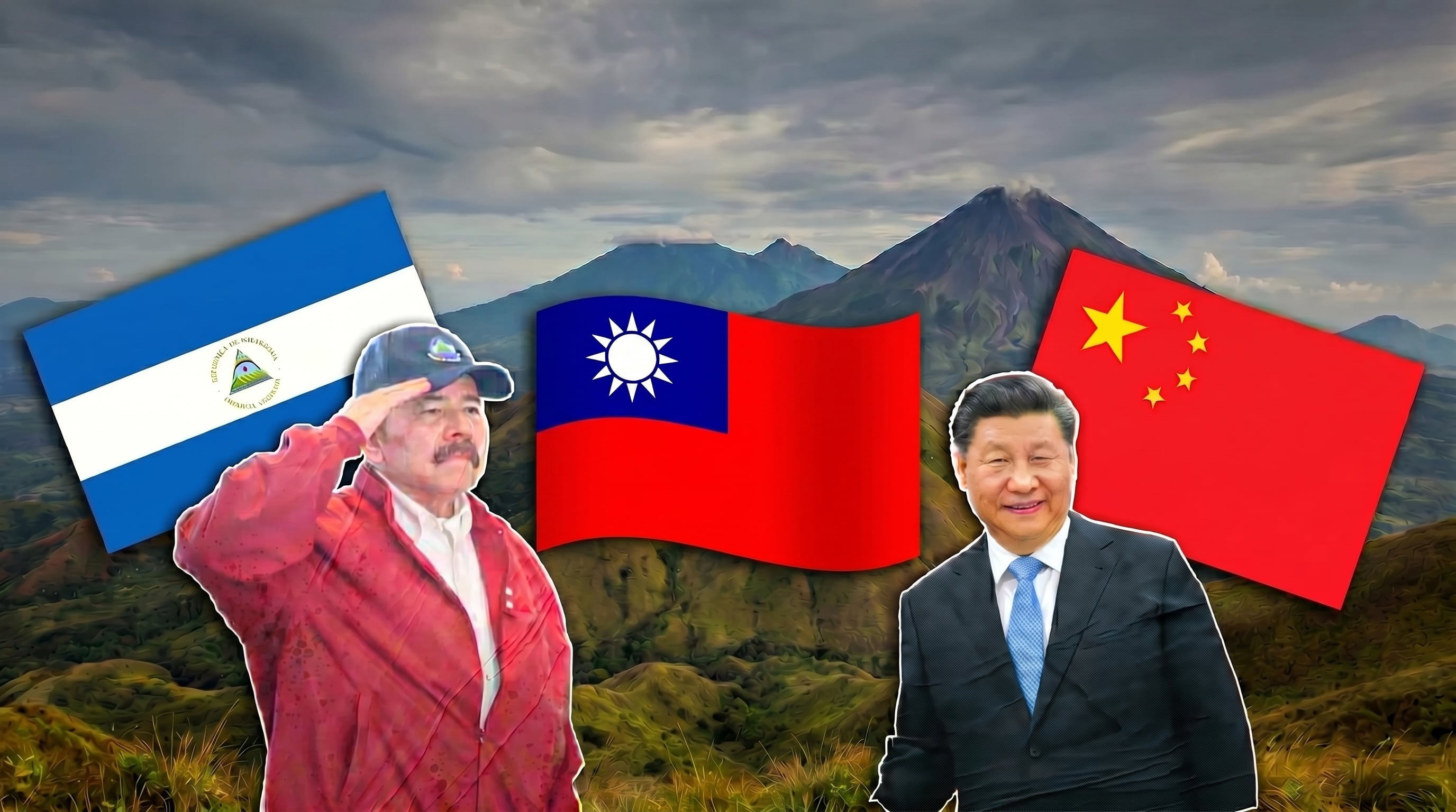 Los presidentes Daniel Ortega de Nicaragua y Xi Jinping de China aparecen junto a las banderas de Nicaragua, Taiwán y China, en una representación de las complejas relaciones diplomáticas. (Imagen Ilustrativa Infobae)