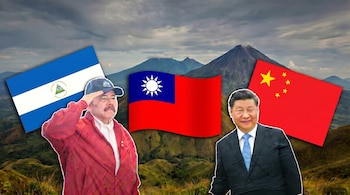 Composición visual de Daniel Ortega y Xi Jinping junto a las banderas de Nicaragua, Taiwán y China, con montañas y cielo nublado de fondo.