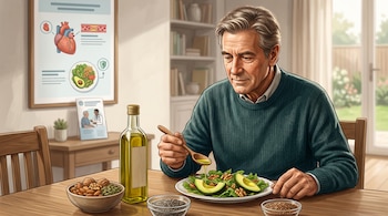 Un hombre sentado a una mesa adereza una ensalada de aguacate con aceite de oliva, junto a platos con frutos secos y semillas.