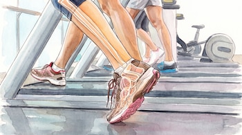 Piernas y pies con zapatillas deportivas corriendo en cintas de gimnasio. Una de las piernas muestra la estructura de huesos y músculos visible.