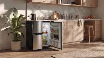 Un refrigerador pequeño de color gris con la puerta abierta llena de latas y frascos en una cocina con muebles de madera.
