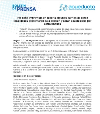 Comunicado de la Empresa de Acueducto y Alcantarillado de Bogotá (Eaab) en el que informa sobre la reparación de una tubería matriz - crédito Acueducto de Bogotá