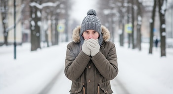 Un joven con gorro de lana gris, parka verde y guantes claros sopla aire caliente a sus manos en una calle nevada con árboles cubiertos de nieve.