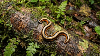 Un gusano de rayas anaranjadas, negras y crema descansa sobre un tronco de árbol cubierto de musgo verde y humedad en un bosque.