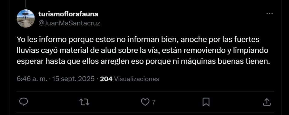 En redes aseguraron que la concesión no da mayor información sobre el estado de la vía - crédito red social X