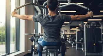Vista trasera de una persona sentada en una máquina de fly invertido, con los brazos extendidos hacia los lados sujetando mangos, en un gimnasio con luz natural.