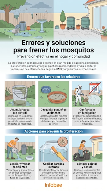 Infografía con seis viñetas que ilustran prácticas que favorecen criaderos de mosquitos y soluciones para su control y prevención.