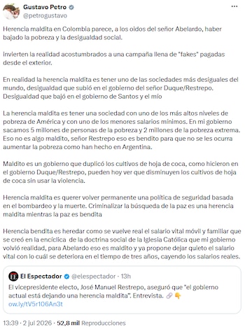 Gustavo Petro rechazó acusaciones de “herencia maldita” y defendió logros sociales de su gobierno - crédito @petrogustavo/X