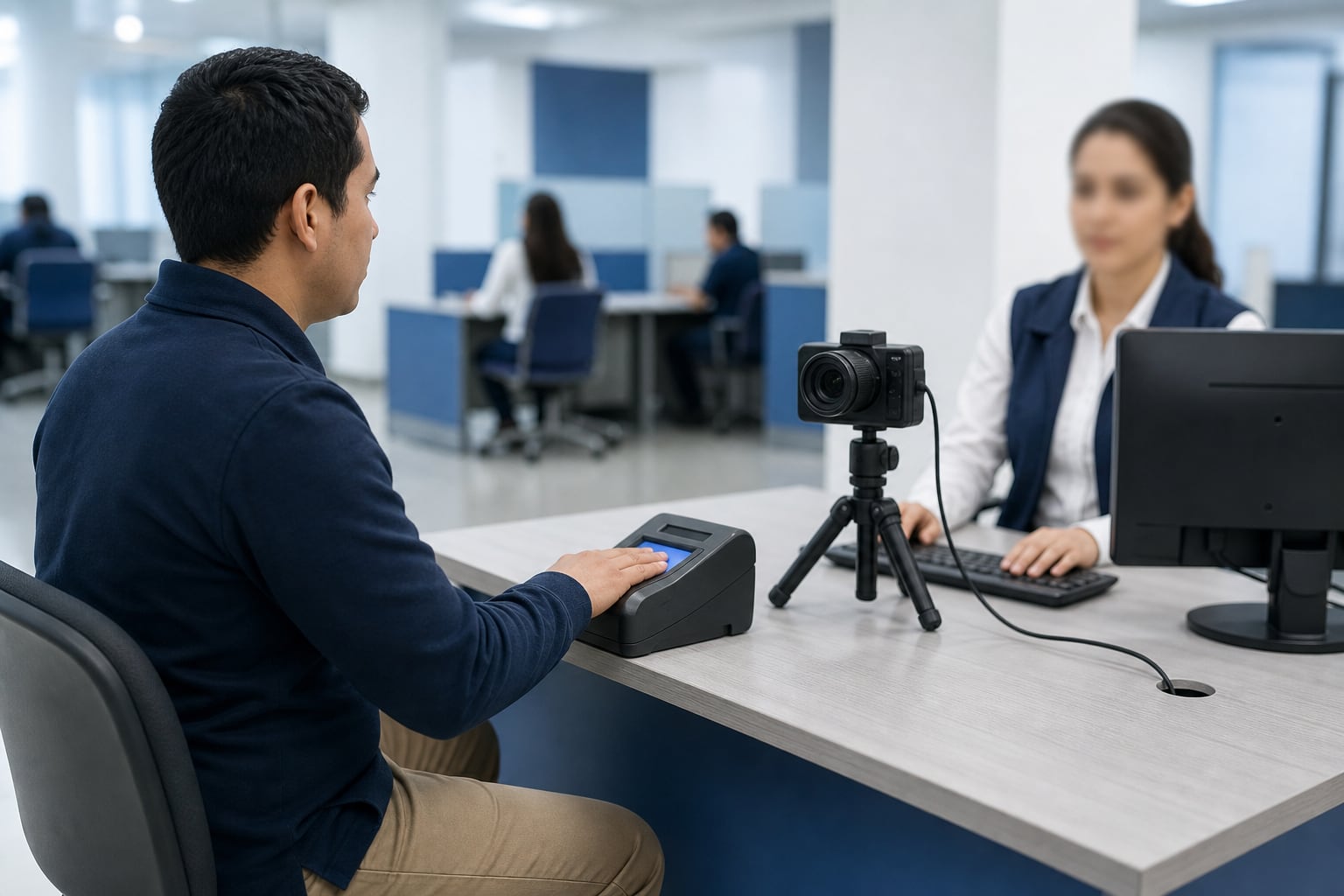 Un ciudadano realiza un trámite de identificación presencial mediante la captura de huellas dactilares y fotografía en un módulo de atención del registro civil. (Imagen Ilustrativa Infobae)