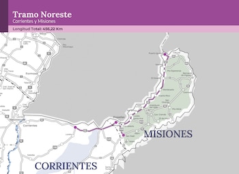 Mapa vial que muestra el Tramo Noreste entre Corrientes y Misiones, con una ruta resaltada en morado, ciudades y la longitud total de 456,22 Km