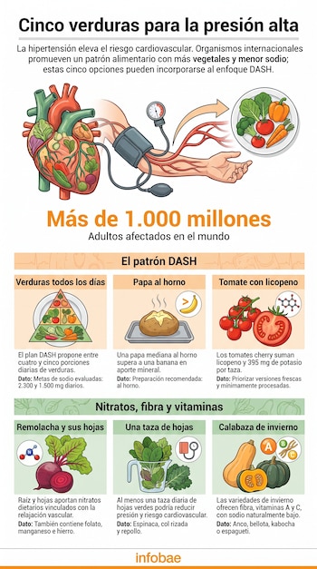 Infografía con un corazón, un tensiómetro y cinco recuadros con alimentos como papa, tomate, remolacha, hojas verdes y calabaza.