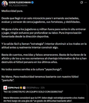 El tuit de Eddie Fleischman contra Mano Menezes y la directiva de la FPF.