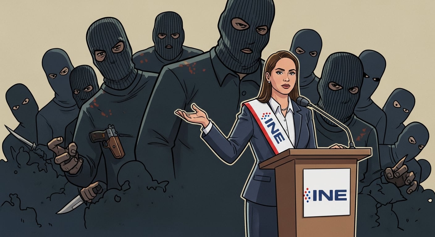 Una postulante a las elecciones del INE se posiciona en un podio mientras la amenaza del crimen organizado se cierne ominosamente detrás, simbolizando los desafíos de la democracia. (Imagen Ilustrativa Infobae)