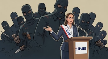 Ilustración de una mujer en un podio con banda del INE, con hombres en pasamontañas, algunos armados con pistola y cuchillos, en segundo plano.
