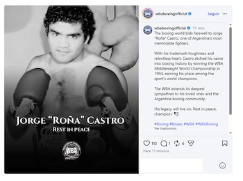 Captura de pantalla de una publicación digital con la foto en blanco y negro del boxeador Jorge Castro y un mensaje de condolencias en inglés
