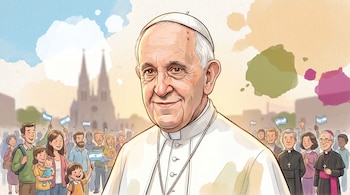 Caricatura del Papa Francisco de medio cuerpo, sonriendo con sotana blanca, rodeado de una multitud con banderas argentinas y la Basílica de Luján al fondo.