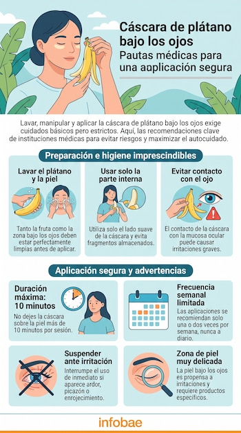 Infografía con una ilustración de una mujer y secciones con recuadros informativos sobre el uso de la cáscara de plátano en el rostro.