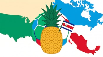 Ilustración plana de una piña con bandera de Costa Rica, un balón de fútbol de la Copa Mundial 2026 y mapas esquemáticos de EE. UU., Canadá y México al fondo.