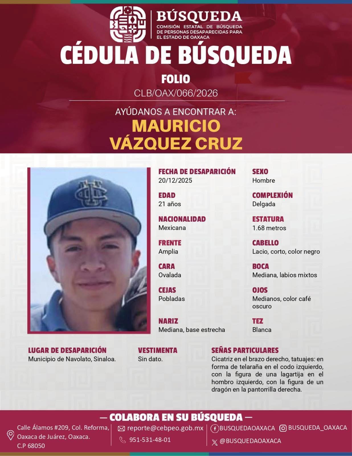 El joven fue visto por última vez el 20 de diciembre de 2025 en un campo agrícola de la empresa “Viva Organizada”, en Navolato. (Crédito: facebook / Comisión Nacional de Búsqueda de Personas Desaparecidas del Estado de Oaxaca)