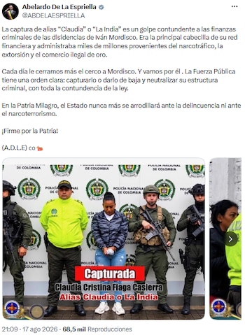 “Firme por la Patria”: De la Espriella advierte que el Estado no cederá ante el narcoterrorismo tras la detención de alias La India - crédito @ABDELAESPRIELLA/X
